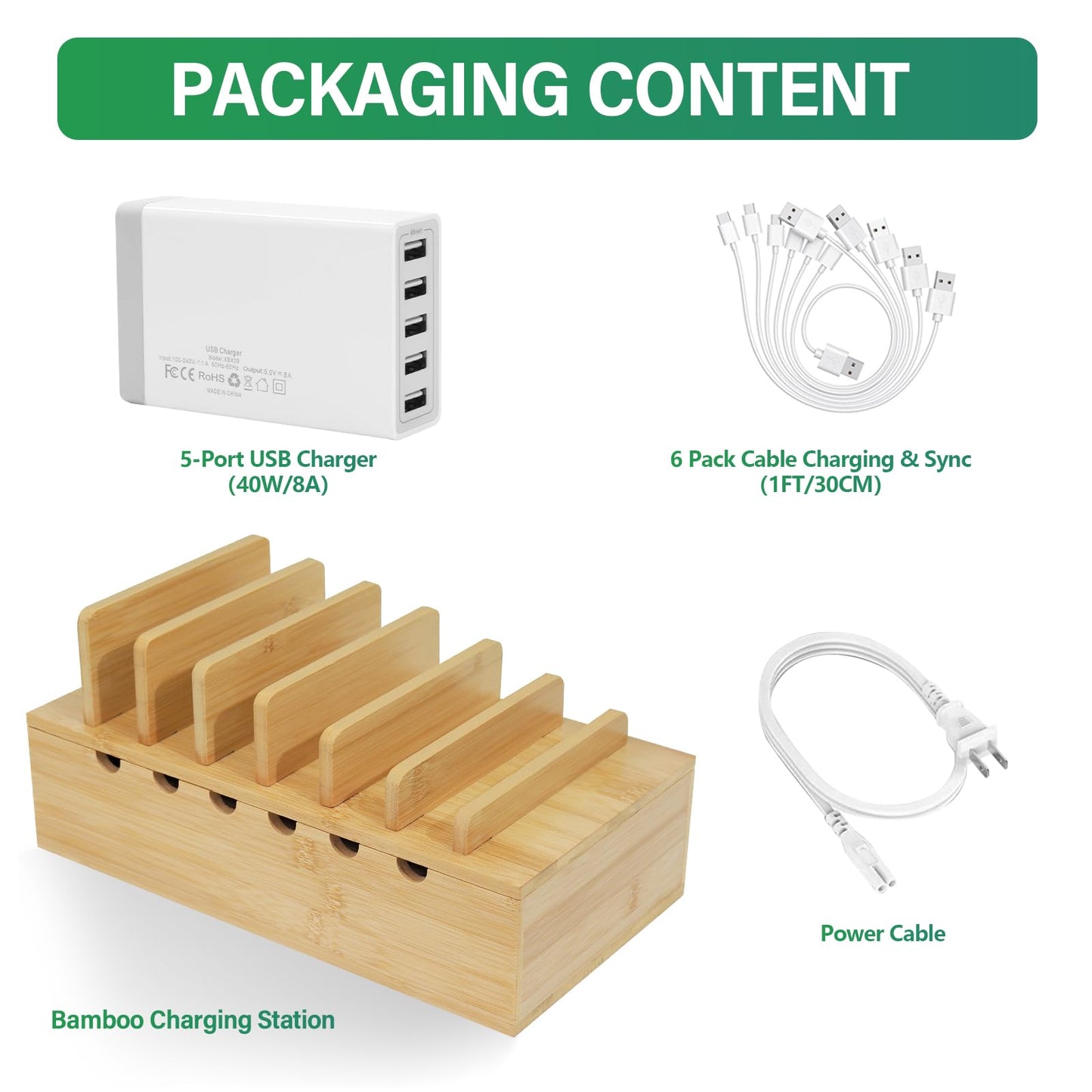 Bamboo Charging Station Organizer, Multi-Device Charging Dock with Cable Management, Phone Tablet Stand for Home Office, 5-Port USB Charger & 6 Cables Included