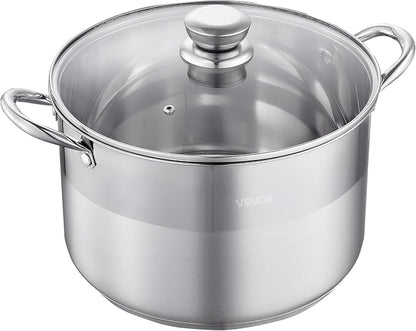 VEVOR Stainless Steel Stock Pot, 12QT Stainless Steel Stockpot with Glass Lid, PFOA-Free, PFAS-Free, Compatible with Gas Stoves, Induction Cooktops, Electric Stoves, for Soups, Stews, and Pasta