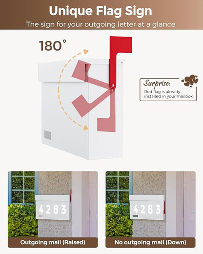 Modern Mailboxes for Outside, Metal Wall Mount Mailbox, with One Flag Kit and Three Sets of Mailbox Number Stickers, 3.9" D×14.2" W×10.2" H, Rust Resistant Coating Mail Boxes for House, White