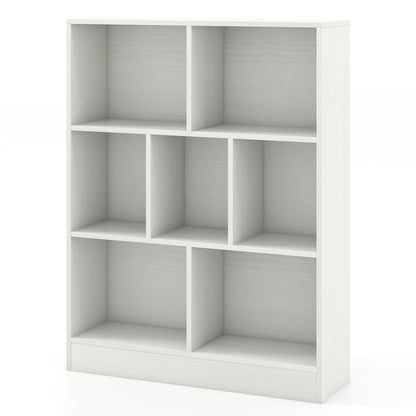 Costzon 7-Cube Bookshelf for Kids, Wooden Toy Storage Organizer w/ 2 Anti-Toppling Kits, 3 Tier Open Shelves & Non-Slip Foot Pads, Montessori Toy Shelf for Kids Rooms, Playroom, Classroom, Nursery