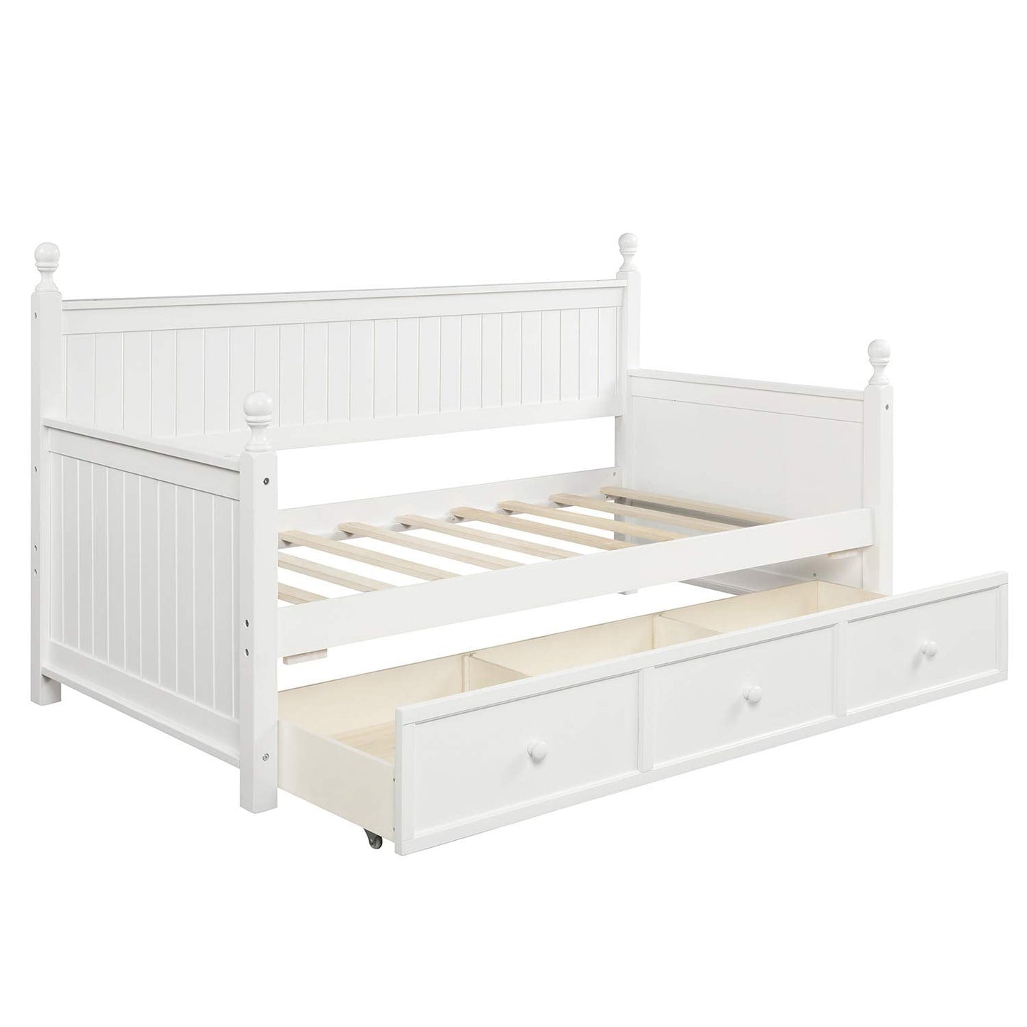Ball & Cast Twin Size Daybed with Two Storage Drawers, Wooden Day Bed Frame with Slatted Backrest and Armrest, Mordern Sofa Bed with Clean Lines, No Box Spring Needed,White