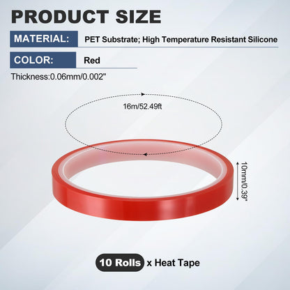 uxcell 10 Rolls Heat Tape, 10mm x 16m(52FT) No Residue High-Temperature Resistant Tape Heat Transfer Tape for Sublimation Electronics 3D Printing Soldering, Red