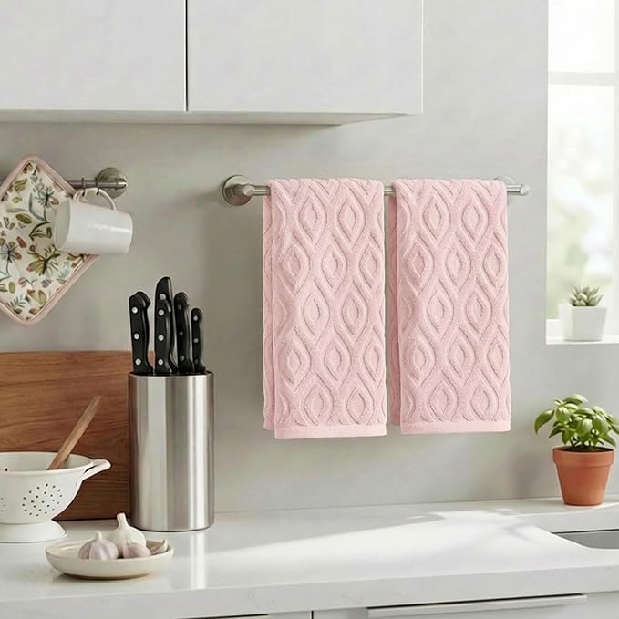 Artoid Mode 2 Pcs Pink 3D Diamond Grid Jacquard Hand Towels