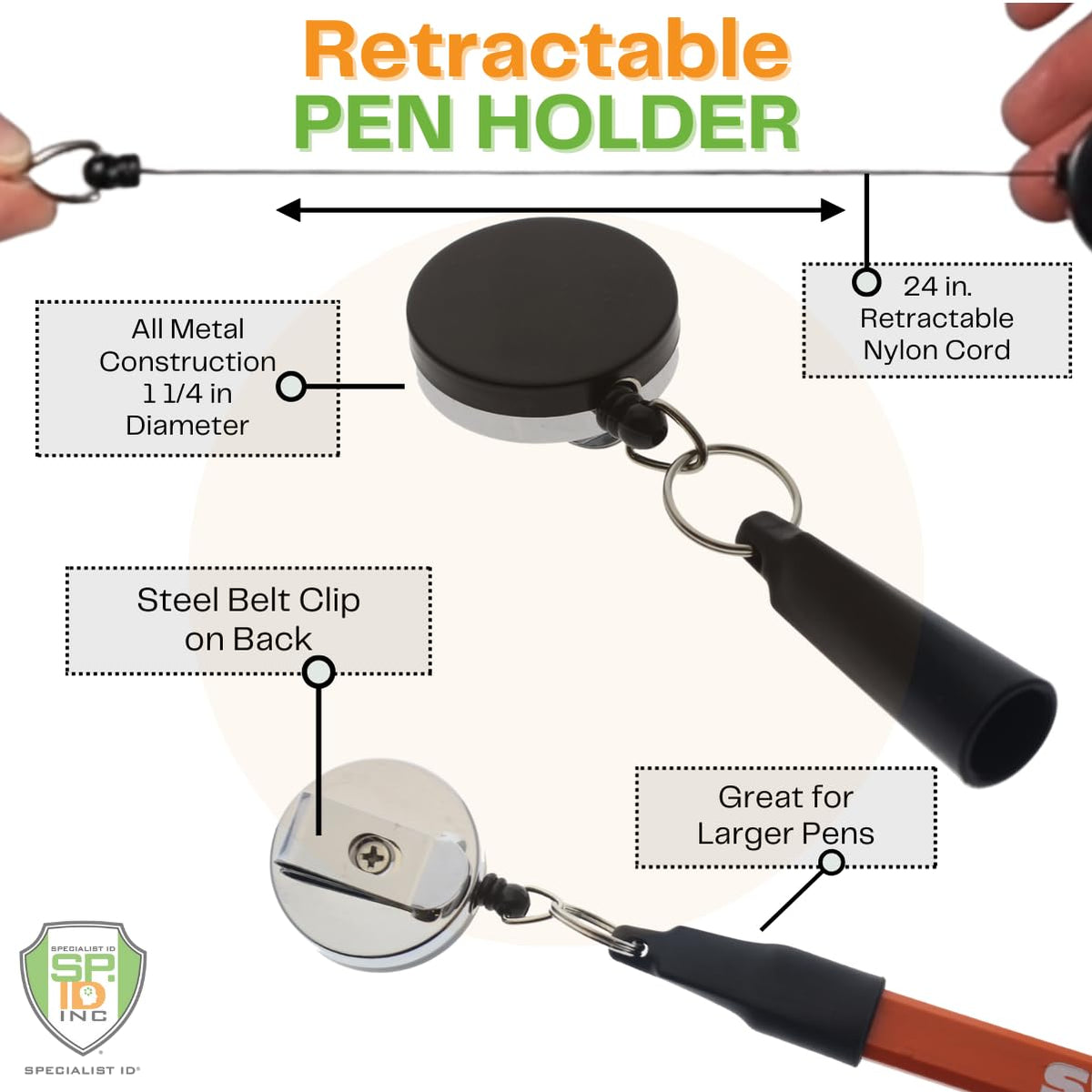 2 Pack - Heavy Duty Retractable Pull Pen Holder - Ideal for Markers & Carpenter Pencils - Nylon Cable, Self Retracting Reel & Tight Metal Belt Clip Retractable Carpenter Pencil Holder by Reel-N-Rite
