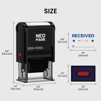 NEO MARK Large Self-Inking Date Office Stamp with Received Blue Ink & Date Red Ink, 12-Year Adjustable Rubber Dater, Ideal for Documents, Business & Accounting - with an Extra Refill Ink Pad