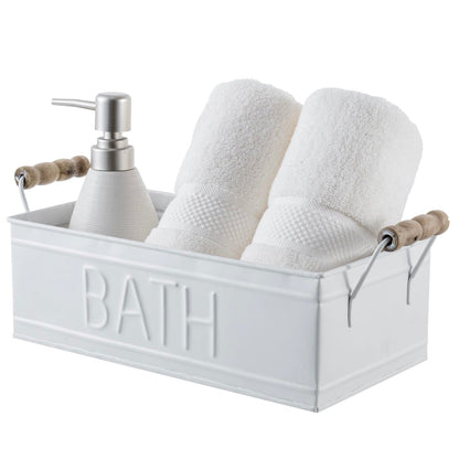 MyGift Vintage Bronze Metal Rectangular Storage Basket with Wooden Handles, Bathroom Toiletries Holder, Organizer Bin with Embossed Bath Label - Handcrafted in India (White)