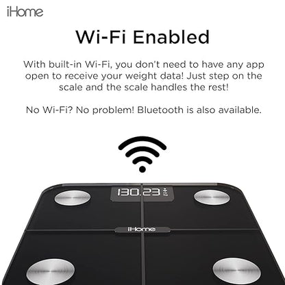 iHome Digital WiFi Smart Scale for Body Weight, Weight Scale, Including BMI, Body Fat, Muscle Mass, Batteries Included (Black Smart WiFi)