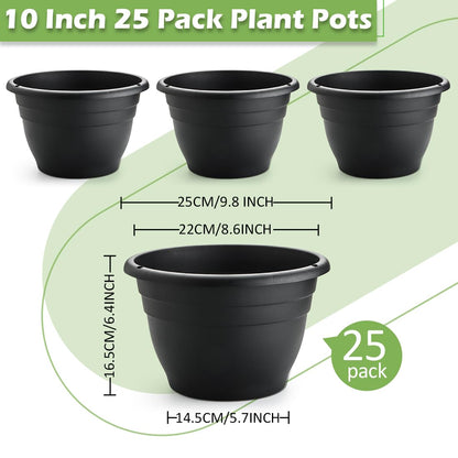 RooTrimmer 25 Pack 10 Inch Plant Pots with Drainage Holes,Black Plastic Flower Pots for Indoor & Outdoor Plants,Durable Lightweight Planters for Flowers,Herbs & Gardening