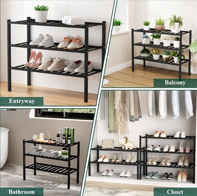 Smiry Bamboo Shoe Rack, 3 Tier Free Standing Wooden Shoe Organizer, Stackable Wood Shoe Storage Shelf for Closet, Entryway, 12 Vertical Slats, 2+1 Stack Standard Legs, 26.8"x11"x19.5", Black