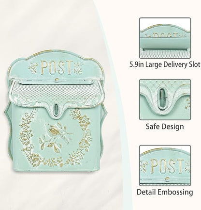 Wall Mount Mailboxes for Outside Vintage Mail Boxes for House Outside Metal Door Mailbox Drop Box Antique Style Nostalgic Charm Home Decorative, Green
