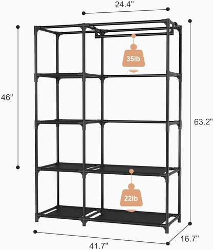 Portable Closets for Hanging Clothes, Wardrobe Closet with Hanging Rod and Clothing Storage Shelves, 8 Side Pockets, Free Standing Clothes Rack with Cover, for Bedroom and Dorm, Black