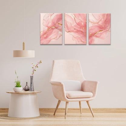 Fetyiu 3 Piece Pink Canvas Wall Art Pink And Gold Abstract Art Prints Modern Minimalist Pictures Wall Decor Marble Paintings Artwork for Living Room Bedroom Bathroom Office 12x16in Framed