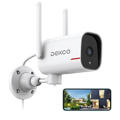 DEKCO Outdoor Security Camera 2K Pan Rotating 180° Wired WiFi Cameras for Home Security with Two-Way Audio, Night Vision, 2.4G WiFi, IP65, Motion Detection Alarm (2 Pack)