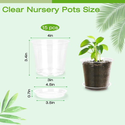 FUOAUYK 4 Inch Clear Nursery Pots with Drainage Trays, 15 Pack Plastic Pots for Plants, Clear Pot for Seed Starting, Transplanting, Succulents, and Indoor Gardening (4 inch)
