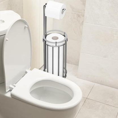 Meangood Toilet Paper Holder Stand and Tissue Paper Roll Dispenser for 4 Mega Rolls, Bathroom Free Standing Tissue Roll Storage Holder Rack, Detachable (Matte Silver)