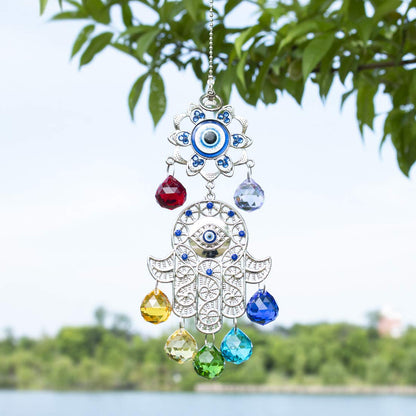 Hamsa Hand with Blue Evil Eye Protection Hanging Crystal Ornament with Chakra Energy Crystal Balls
