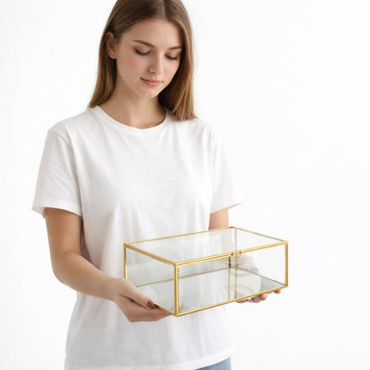 Feyarl Gold Glass Wedding Cards Display Box Keepsake Memory Photo Box Jewelry Trinket Rings Earrings Organizer Display Makeup Holder for Home Decor Wedding Engagement (10.8 x 7 x 3.9inch)