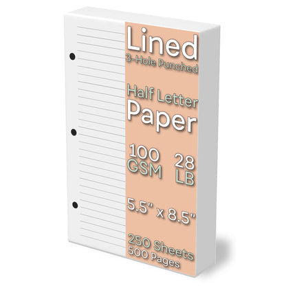 Half Letter Lined Paper, 3-Hole Punched, 250 Sheets/500 Pages, 100 GSM, Line Paper Binder Refill, 5.5 in. x 8.5 in., fits in Half Letter 3-Ring Binders, Mini Binder Refill Inserts