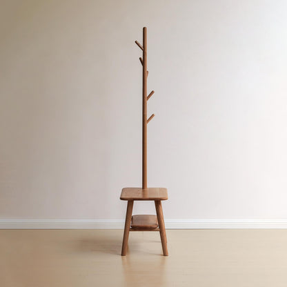 GDFStudio Solid Wood Entryway Shoe Bench with Coat Rack, Mid Century Modern Hall Tree with Cushion Seat, Shoe Storage Shelf and Cloth Hanger for Hallway, Natural