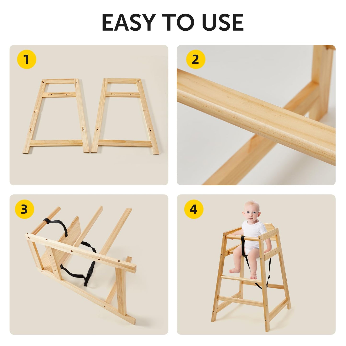 Neoflavie 2 Pack Wooden High Chairs for Babies and Toddlers, Restaurant-Style Stackable High Chair with Commercial Grade Solid Wood for Dining Table & Kitchen, Easy to Clean Baby Booster Seat -Natural