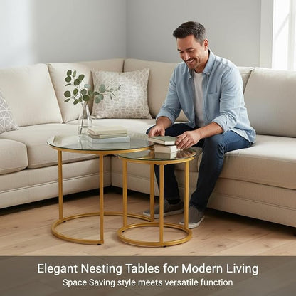 Round Nesting Coffee Table Set of 2, Modern Glass Nesting Tables, Stacking Minimalist End Table for Living Room Bedroom Small Space, Clear Tempered Glass and Gold