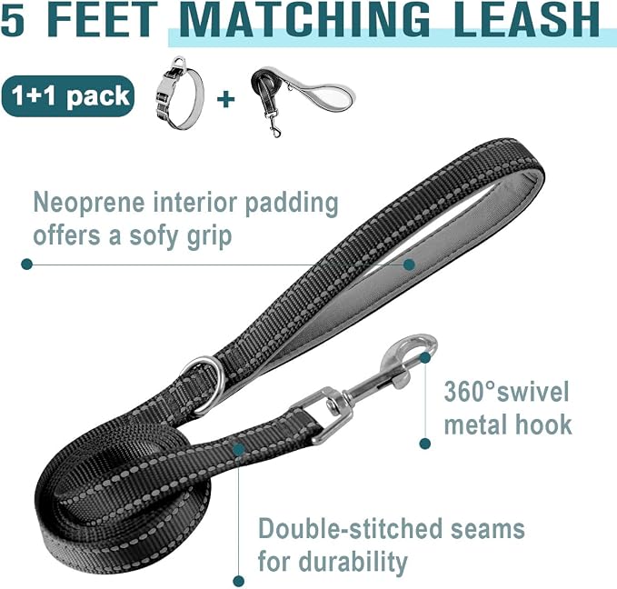 Dog Collar for Medium Small Large Dogs Reflective with Leash,Collar and Leash for Dogs,Soft Neoprene Padded 2 Pack(Black,S)