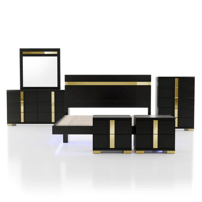 Furniture of America Ansten Modern Wood 6-Piece Platform Bedroom Set with Gold Trim, Underbed LED, Dust Proof Cases, Bracketed Metal Legs, No Box Spring Needed, King, Black