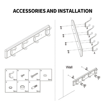 Badiano Wooden Coat Rack, Wall-Mounted Organizer for Closet, Entryway, Hallway, Foyer, Bedroom, Heavy Duty Double Hooks for Hanging Towels, Bags, Hats, Jackets, Key (White, 4 Hooks)