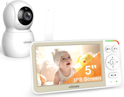 VTimes 5'' Screen Video Baby Monitor with Camera and Audio, 32-Hour Battery, Baby Monitor No WiFi Remote Pan-Tilt-Zoom VOX, Two-Way Talk Night Vision Temperature Display Alarm 8 Lullabies and 1000ft