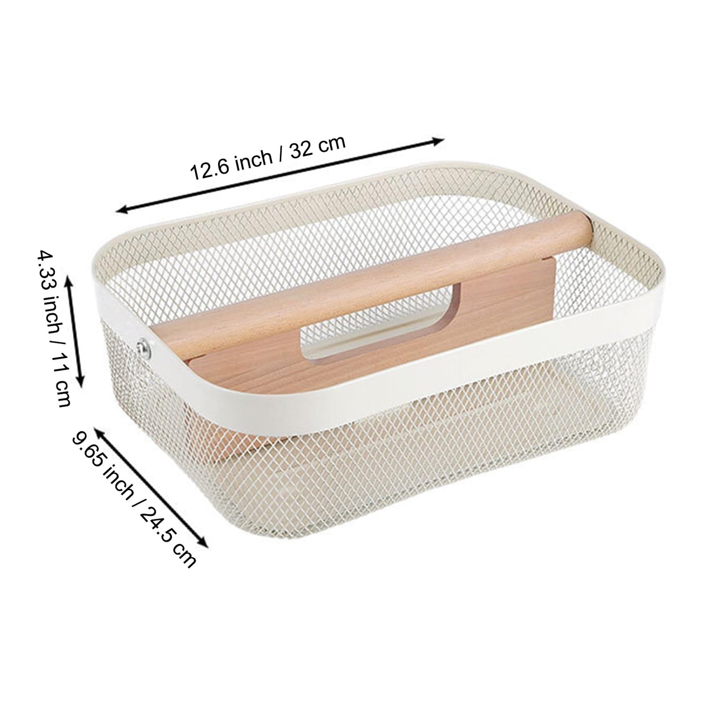 AJIODA Metal Mesh Steel Storage Basket, Garden Harvest Wire Organizer Basket Multi-functional Kitchen Fruit Basket with Wooden Removable Partition & Handle for Bath Picnic Decor Cabinet, Cream White