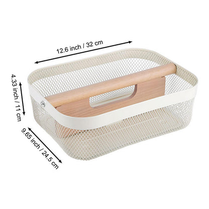 AJIODA Metal Mesh Steel Storage Basket, Garden Harvest Wire Organizer Basket Multi-functional Kitchen Fruit Basket with Wooden Removable Partition & Handle for Bath Picnic Decor Cabinet, Cream White