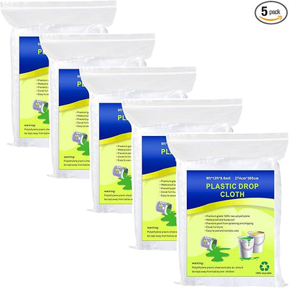 5 Pieces Plastic Drop Sheets for Painting, Waterproof and Dust-Proof Clear