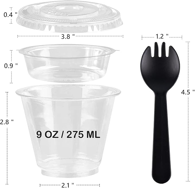 Zezzxu 50 Pack 9 oz Disposable Parfait Cups with Lids No Hole, Toppings Compartment and Spork, Yogurt Conatiner with Granola Holder for Take Away Breakfast and Snacks, No Leaking