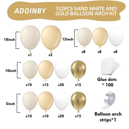 ADOINBY Sand White Gold Balloon Arch Kit, 140Pcs Beige Nude White Balloon with Metallic Gold Balloon Garland Kit for Boho Birthday Wedding Baby Shower Bridal Shower Engagement Prom Party Decorations