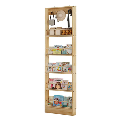 Chyanmoo Wooden Wall Mounted Bookshelf, 5 Tier Storage Shelf with Anti Tip Device, Space Saving Organizer with Built in Hooks and Raised Edges for Living Room Bedroom Home Office