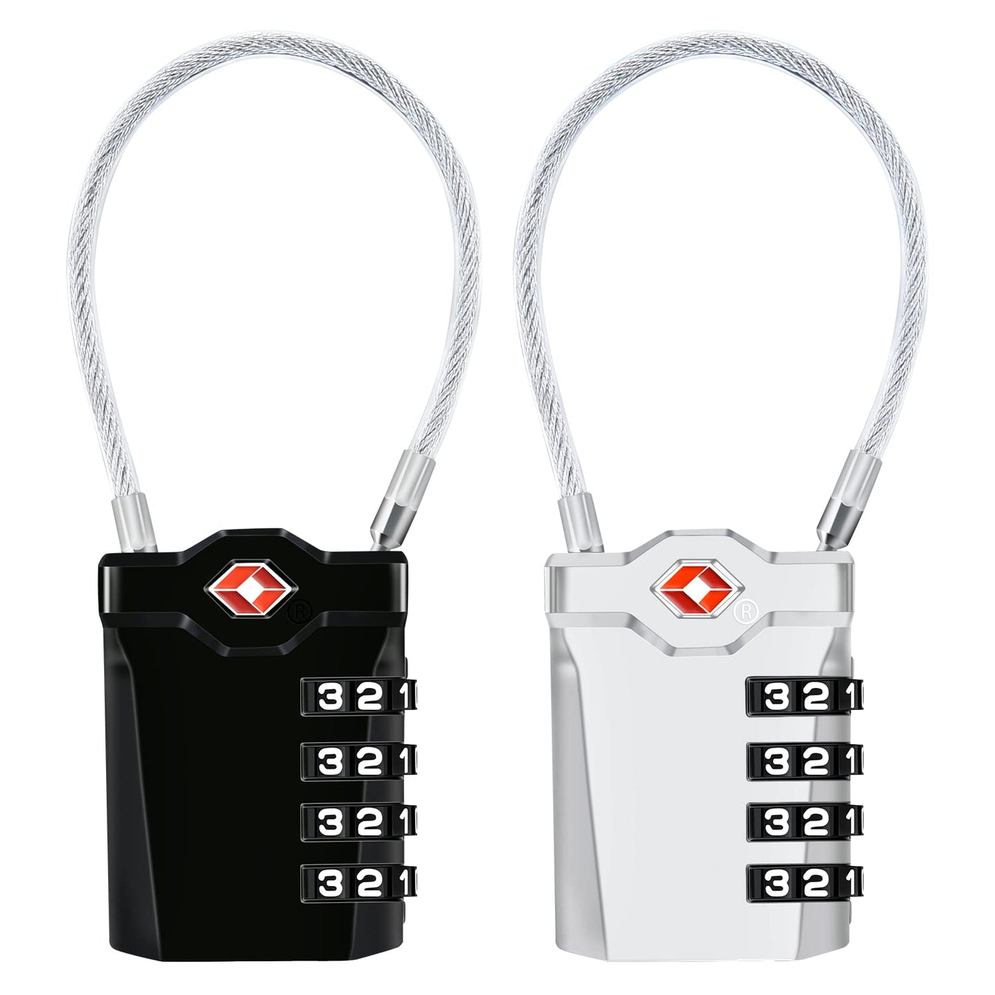 2 Packs TSA Luggage Locks with 14cm Flexible Cable, Diyife 4-Digit Combination Lock Security Padlock Travel Lock for Suitcase Luggage Backpack School or Gym Cabinet, etc. (Black & Sliver)