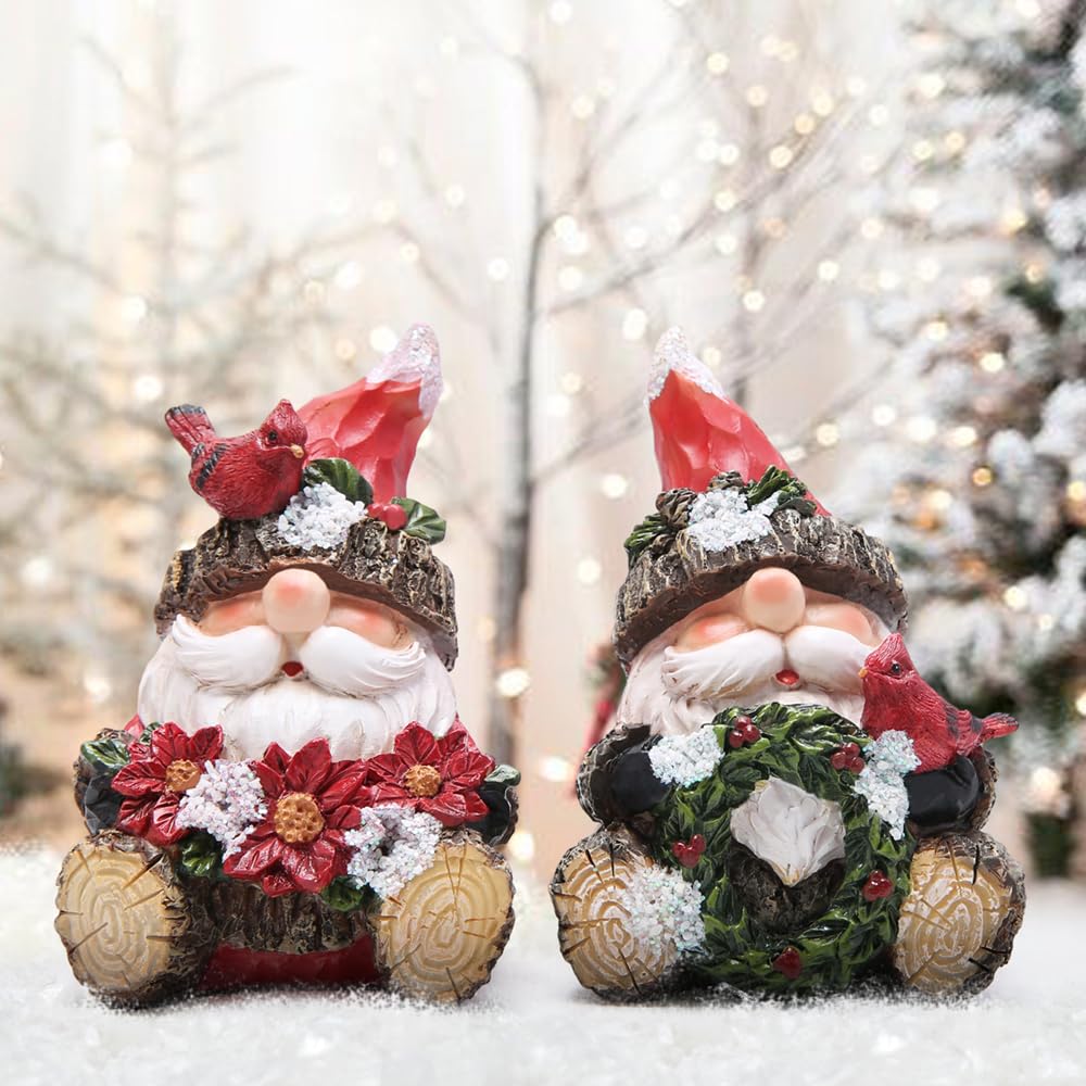 Hodao Christmas Santa Gnome Figurines, Set of 2 – Red Hat Woodland Gnomes with Cardinal, Poinsettia Bouquet & Holiday Wreath – Winter Decor & Gift for Tiered Tray, Mantel, Tabletop, Windowsill