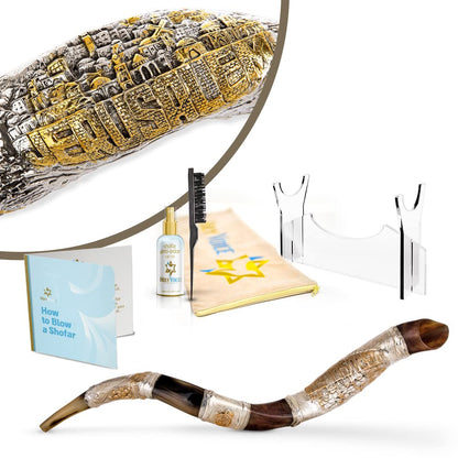 Holy Voice Sterling Silver-Plated 43"-47" Decorative Jerusalem Shofar Horn from Israel Judaica Gift Set with Stand, Carrying Bag, Brush, Made in Israel