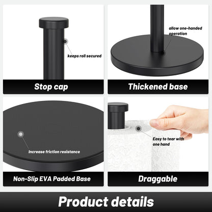 VEHHE Paper Towel Holder Countertop, Weighted Non-Slip Base, Stainless Steel Paper Towel Holder for Kitchen Bathroom (Black)