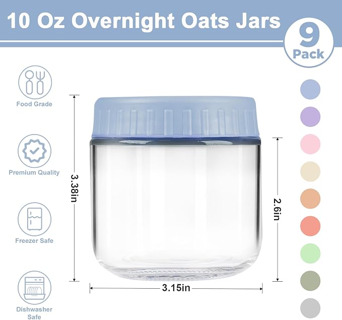 Overnight Oats Containers with Lids, 10oz Wide Mouth Mason Jars with Lids, 9 Pack Glass Jars with Airtight lid for Chia Pudding Yogurt Salad, Meal Prer Oatmeal Jars, Blue