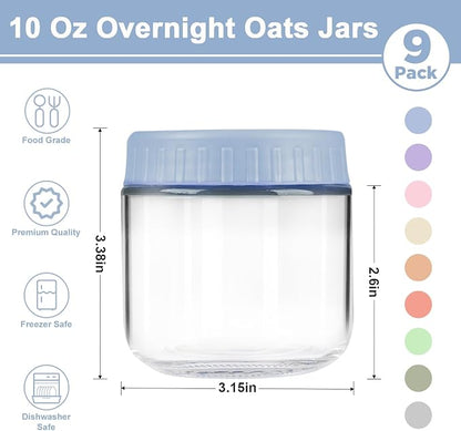 Overnight Oats Containers with Lids, 10oz Wide Mouth Mason Jars with Lids, 9 Pack Glass Jars with Airtight lid for Chia Pudding Yogurt Salad, Meal Prer Oatmeal Jars, Blue