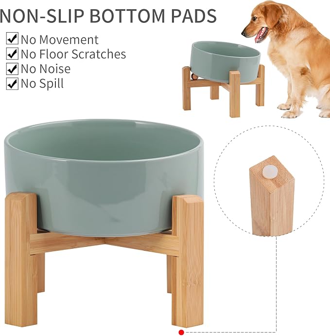 Elevated/Raised 15°Tilted Anti Slip Ceramic Dog Bowl for Medium & Large Breeds,Slanted Bulldog Big Face Pet Feeding Food Water Dish Stand for Dogs (7.6 Cups/60OZ) Light Green