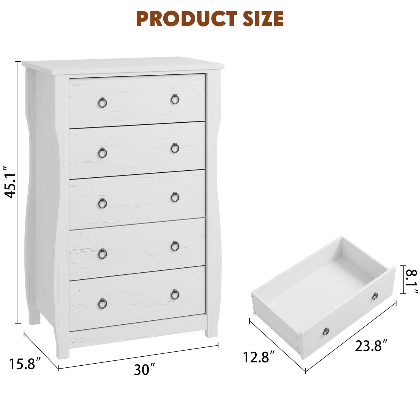 Garvee Nightstand for Bedroom, 5 Drawers & Wooden Top, Modern Bedside Table with Large Storage Space, Organizer Cabinet with Metal Ring Handles for Closet, Hallway, Entryway, White