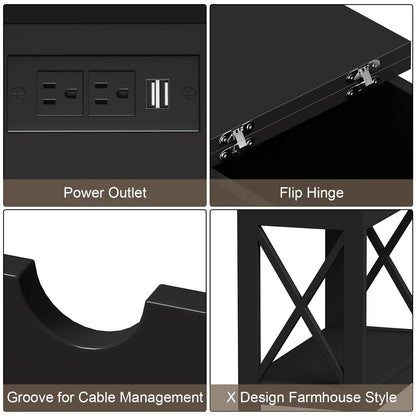 ChooChoo End Table with Charging Station, Narrow Flip Top Side Table with USB Ports & Power Outlets for Small Spaces, Nightstand Sofa Table for Living Room, Bedroom, Black, 2 Pack