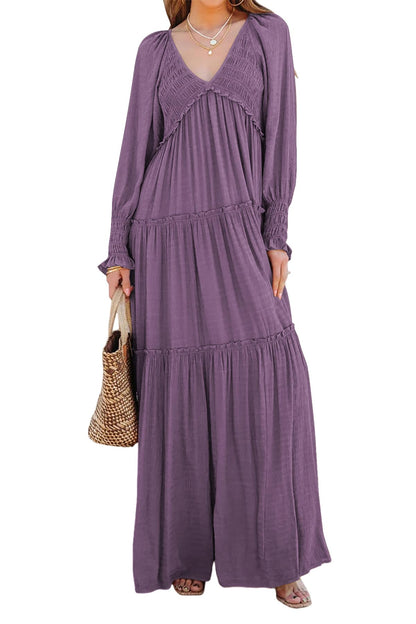 R.Vivimos Maxi Dress for Women Long Sleeve V Neck Empire Waist Layered Ruffle Boho Casual Flowy Long Dresses