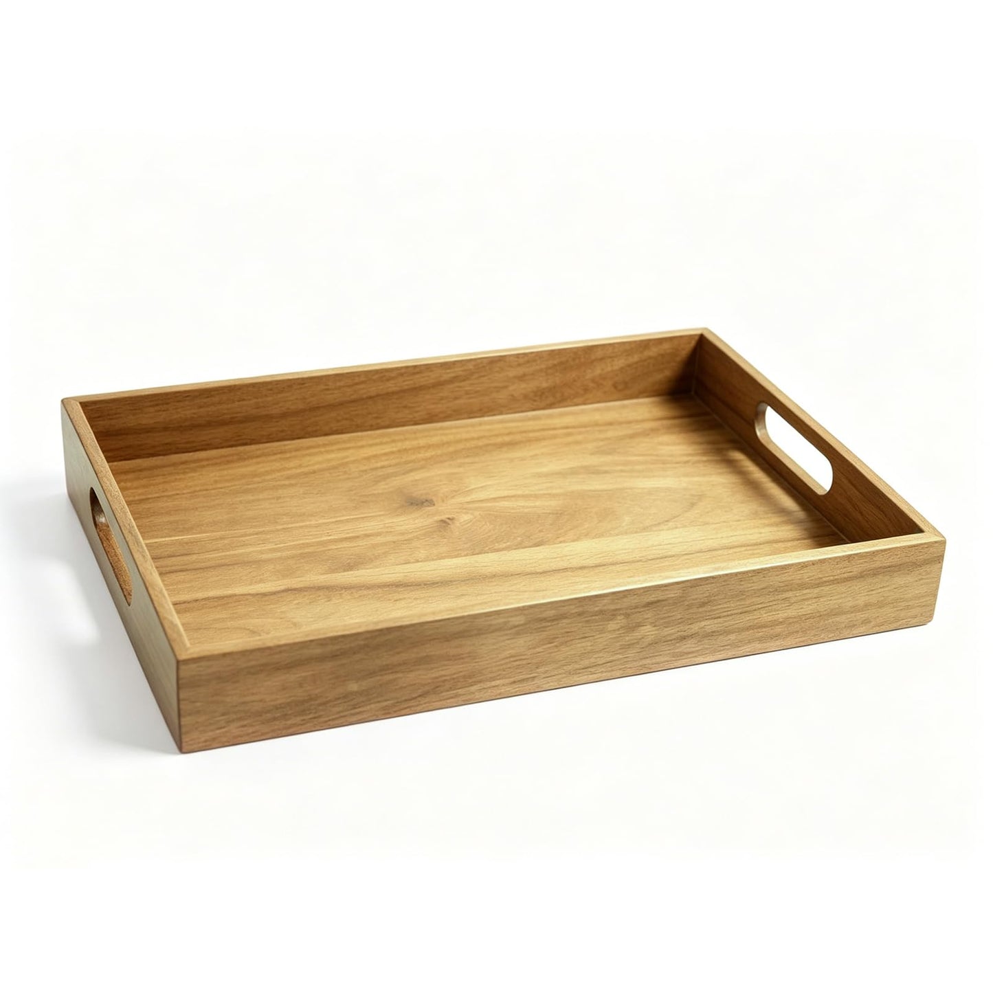 Acacia Wood Serving Tray with Handles, 17 x 12 Inch Large Wooden Tray for Food & Drinks, Coffee Table, Ottoman, Breakfast in Bed – Includes Free Leather Mat