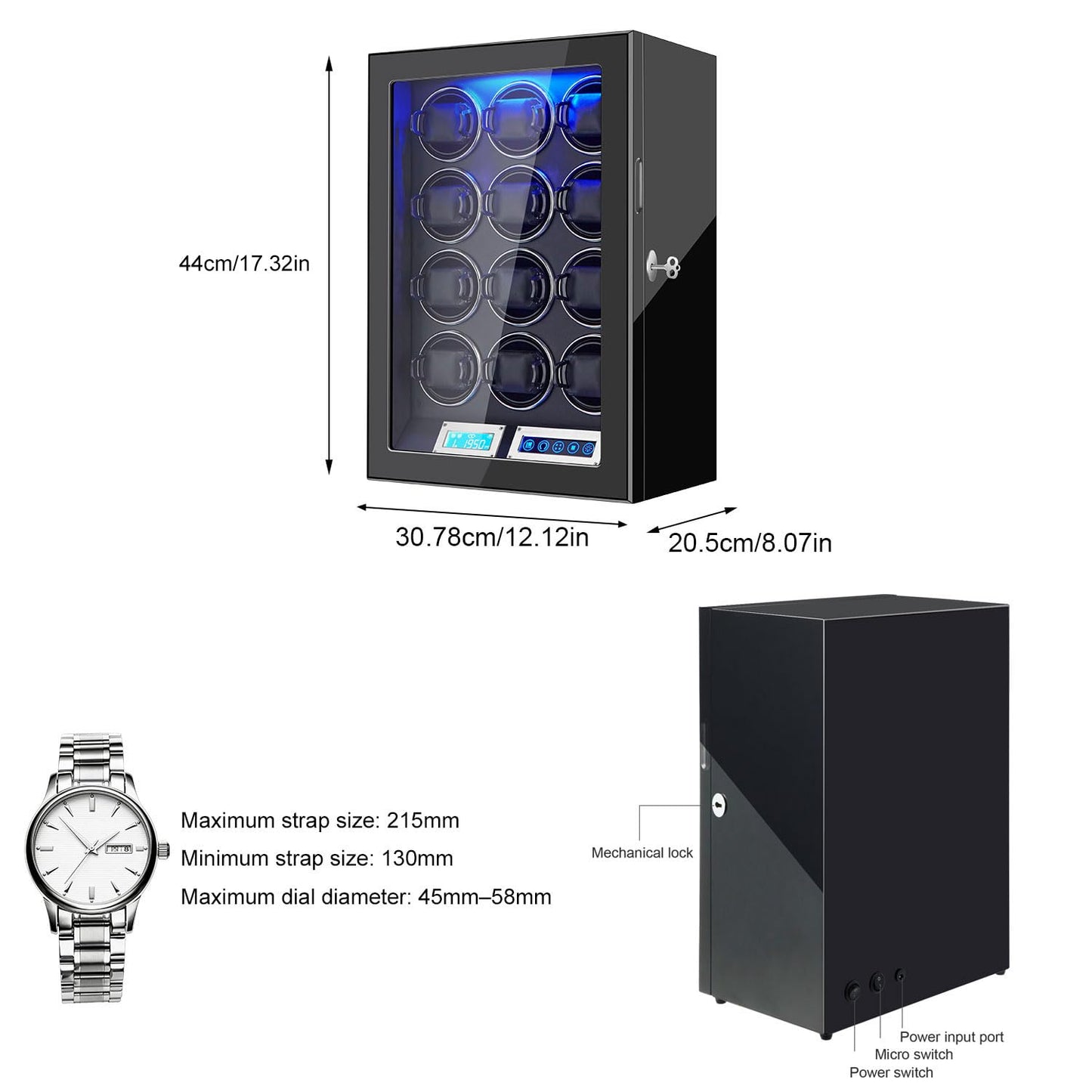 GCCRGRC Watch Winder 12 Slots Automatic Watches,Ultra-Quiet Japanese Motors, Built-in LED Illumination and LCD Touchscreen Control