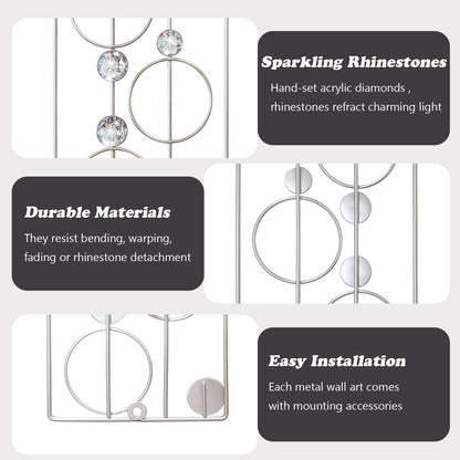 ZEXUIRU 2 Pack Bling Abstract Metal Wall Art Minimalist Line Jeweled Crystal Wall Decor Modern Geometric Rhinestone Hanging Wall Sculpture for Living Room Bedroom Bathroom Office