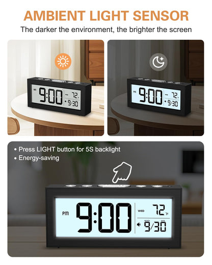 Bomivoi Battery Powered Digital Clock, LCD Digital Clock with Date & Temp Display, 5 Alarm Schedule, Snooze, 12/24 H, Auto Dimming, 5s Backlight, Small Alarm Clocks for Bedroom, Office, Travel