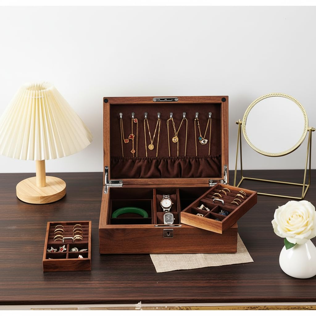 LIBOLXSP Black Walnut Jewelry Box with Privacy Lock Solid Wood Jewelry Organizer with Premium Velvet Lining Mid-Sized Keepsake Valet Box for Watches Rings Necklaces Cufflinks Unisex Gift for Men Women